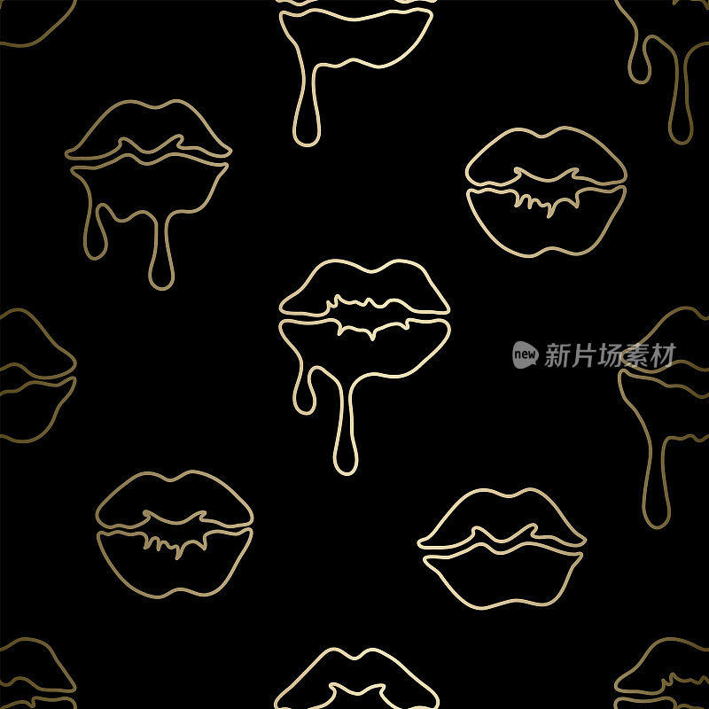 Dripping lips seamless pattern. Gold + black